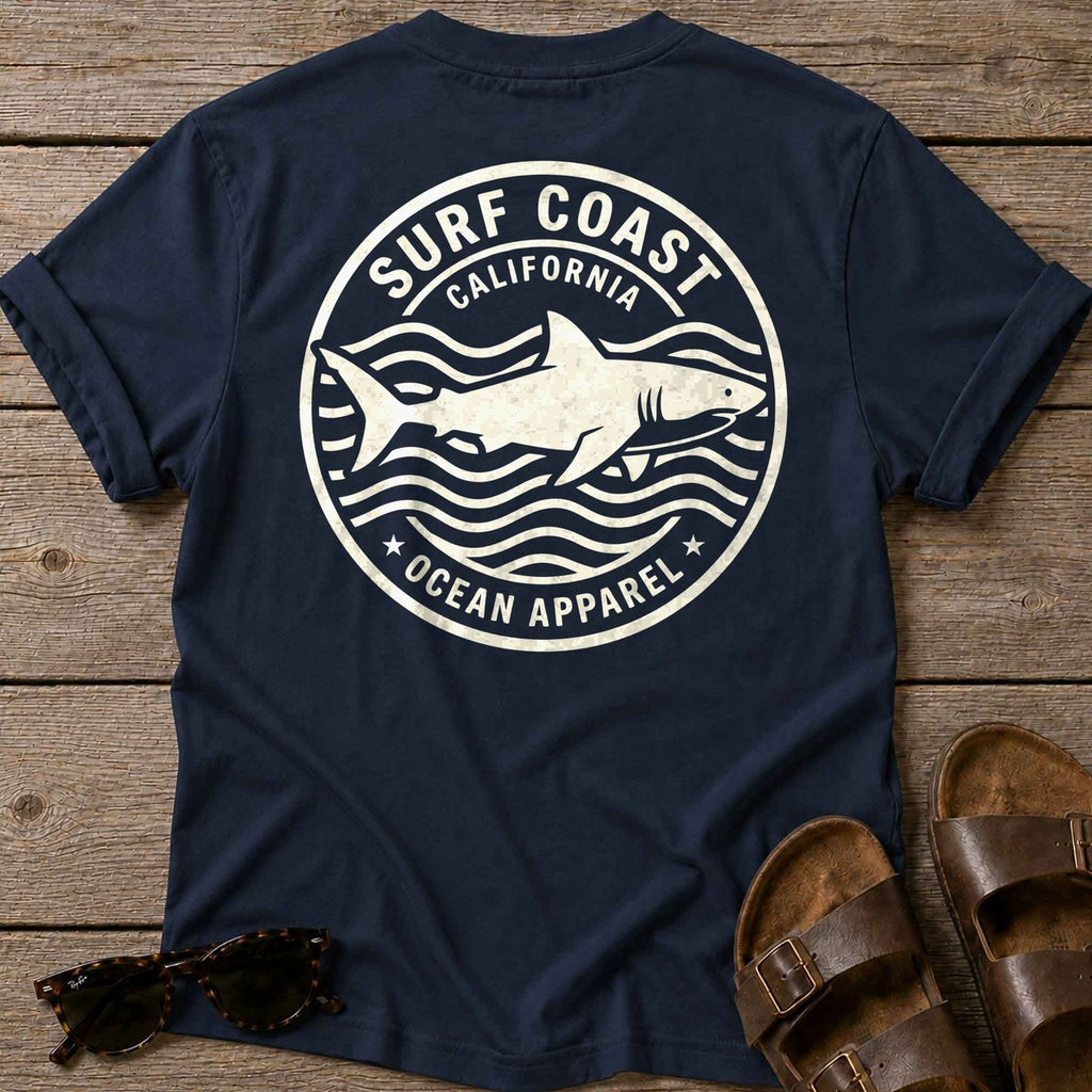 Surf Coast Shark Back Design T-Shirt in Navy, Salty Paws coastal t-shirt