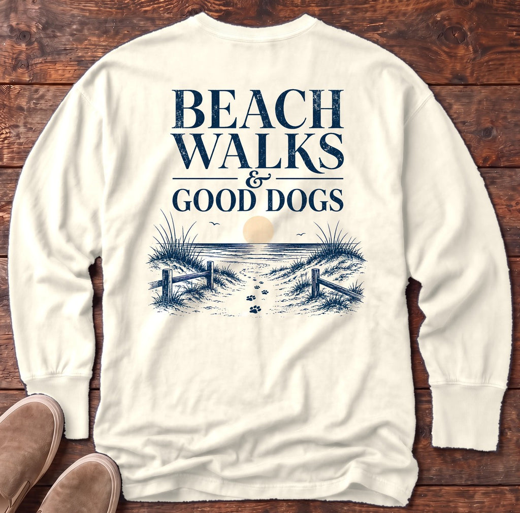 Beach Walks Good Dogs Back Design Long Sleeve Tee in Ivory, Salty Paws Comfort Colors long sleeve tee