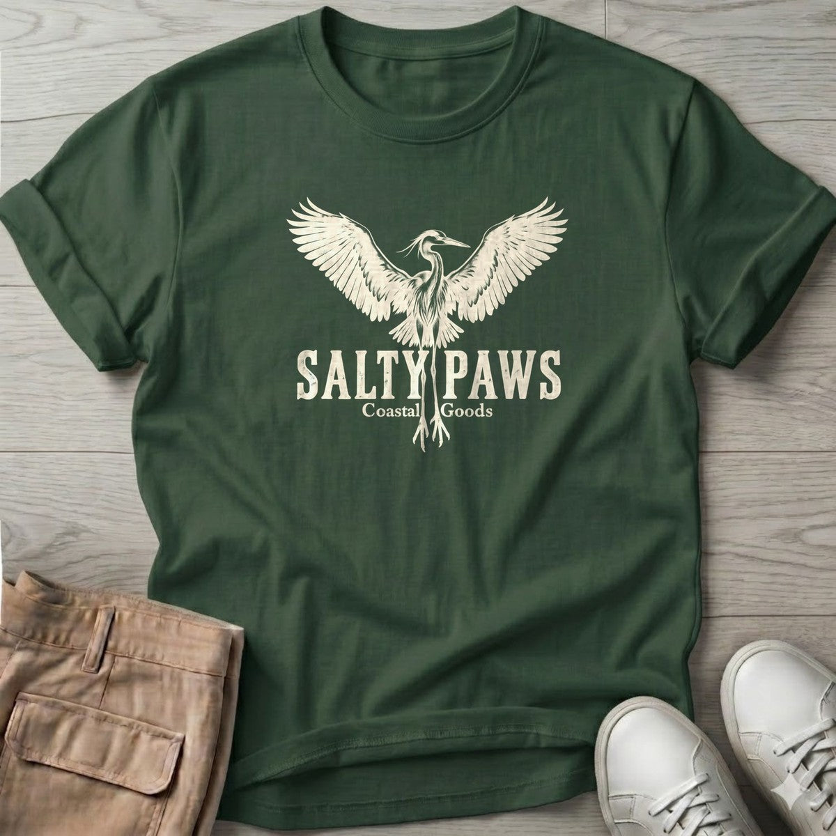 Rising Heron Salty Paws Coastal Goods T-Shirt in Forest Green, Salty Paws T-Shirt, front design flat lay
