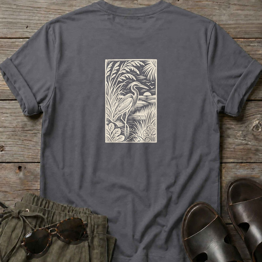 Heron Woodcut Back Design T-Shirt in Charcoal