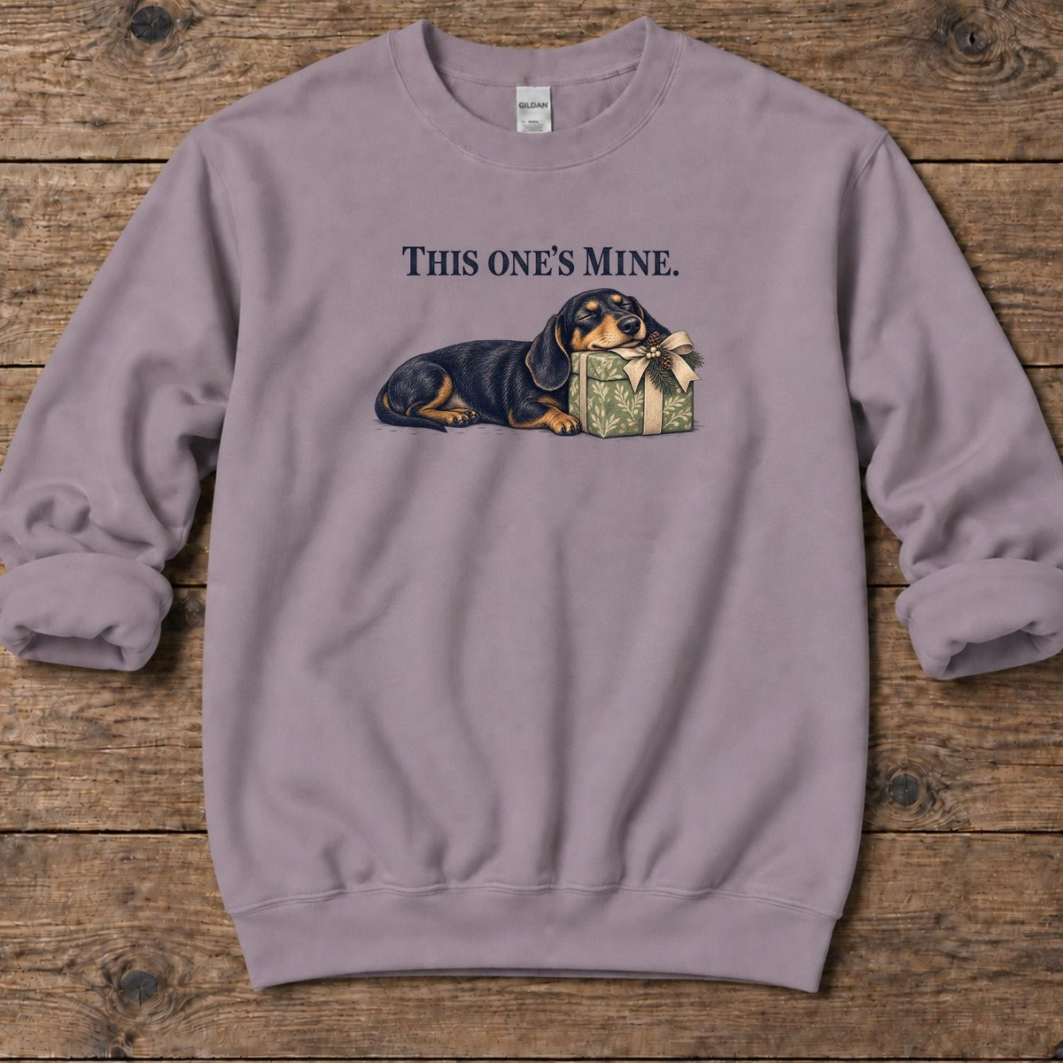 This One's Mine Dachshund Midweight Sweatshirt in Paragon, Salty Paws Midweight Sweatshirt, front design flat lay