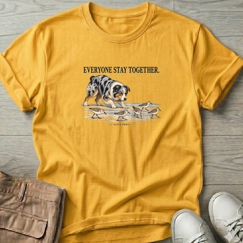 Everyone Stay Together Australian Shepherd T-Shirt in Daisy, Salty Paws T-Shirt, front design flat lay