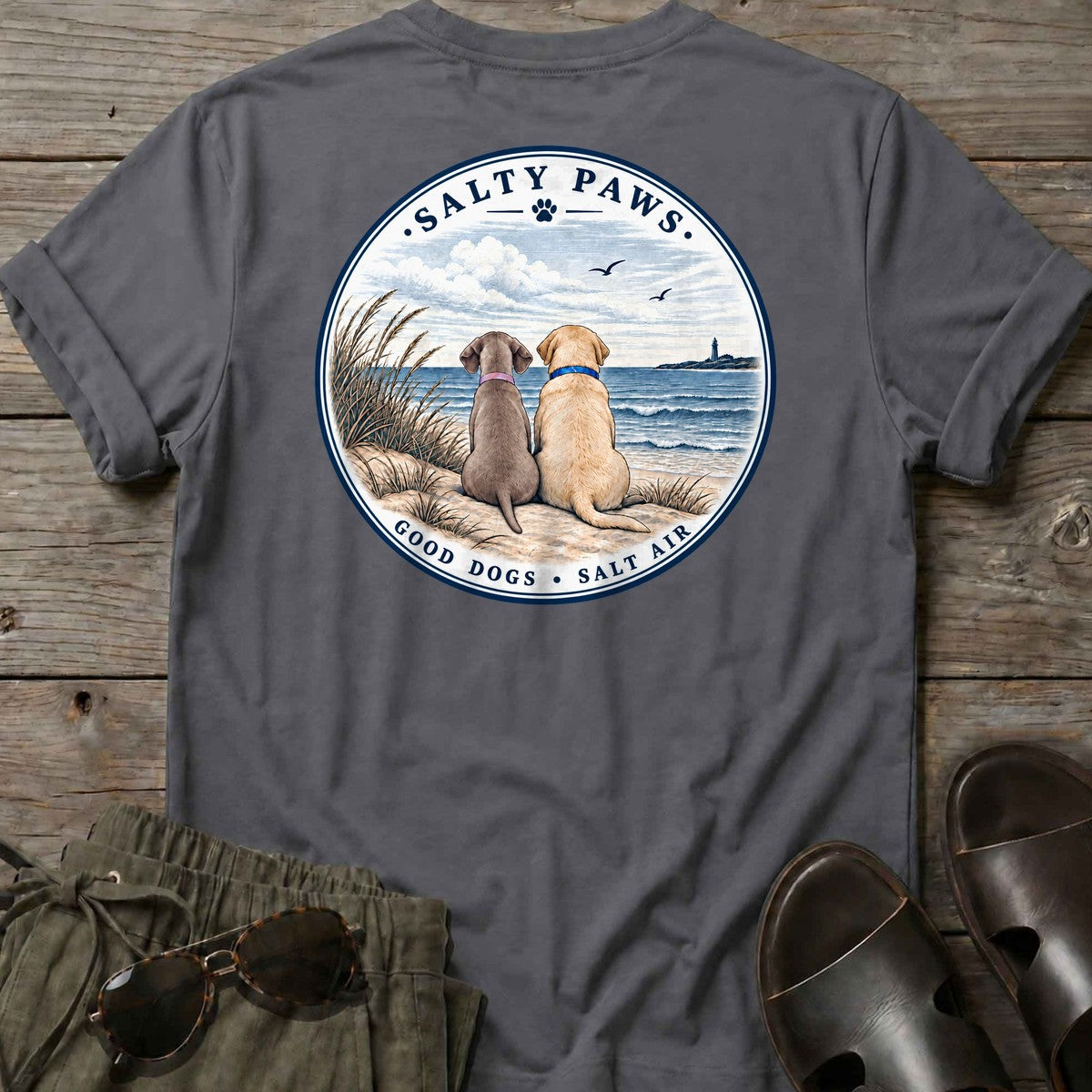 BEACH Pelican Weim & Labrador BACK T-Shirt in Charcoal, Salty Paws coastal t-shirt