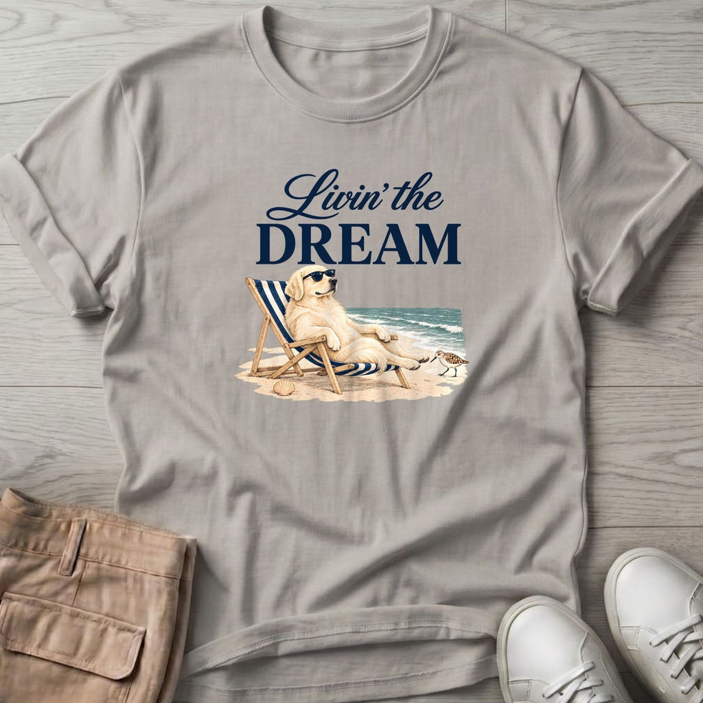 Livin' the Dream Cream Retriever T-Shirt in Ice Grey, Salty Paws coastal t-shirt