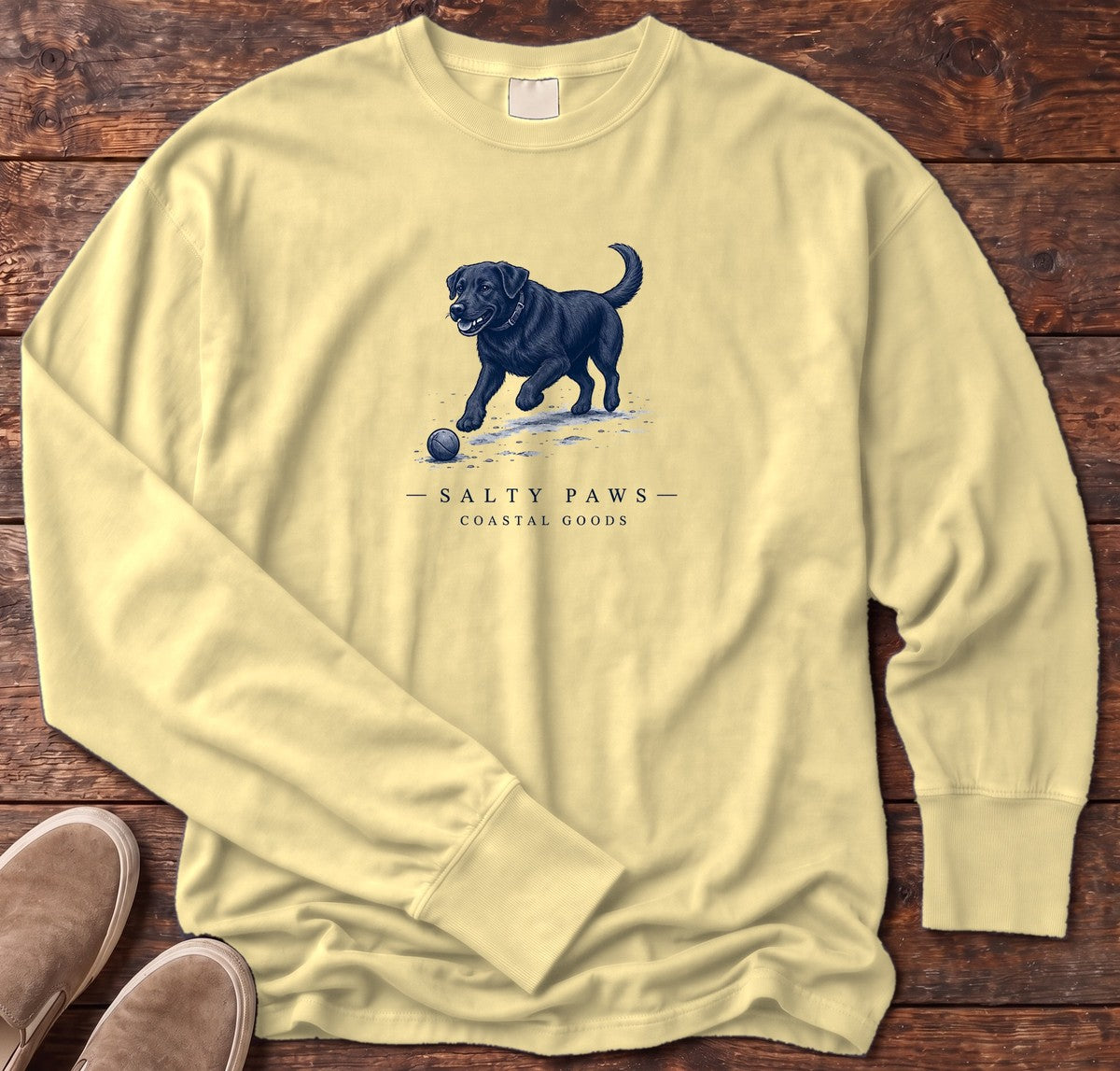 Black Labrador Ball Long Sleeve Tee in Butter, Salty Paws Comfort Colors long sleeve tee