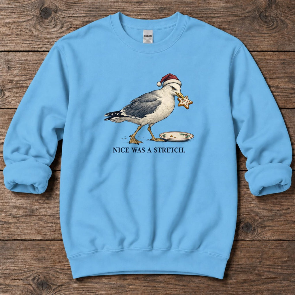 Nice Was a Stretch Seagull Midweight Sweatshirt in Sky, Salty Paws Midweight Sweatshirt, front design flat lay