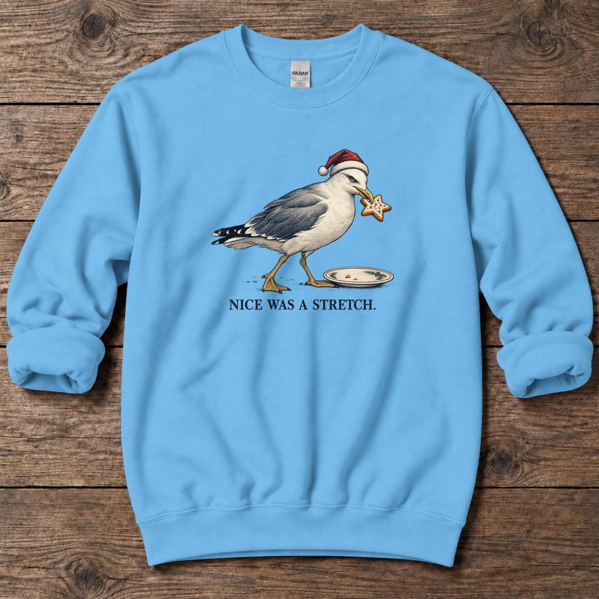 Nice Was a Stretch Seagull Midweight Sweatshirt in Sky, Salty Paws Midweight Sweatshirt, front design flat lay