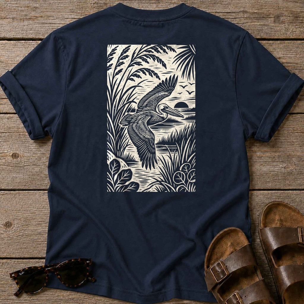 Pelican Woodcut Back Design T-Shirt in Navy, Salty Paws coastal t-shirt