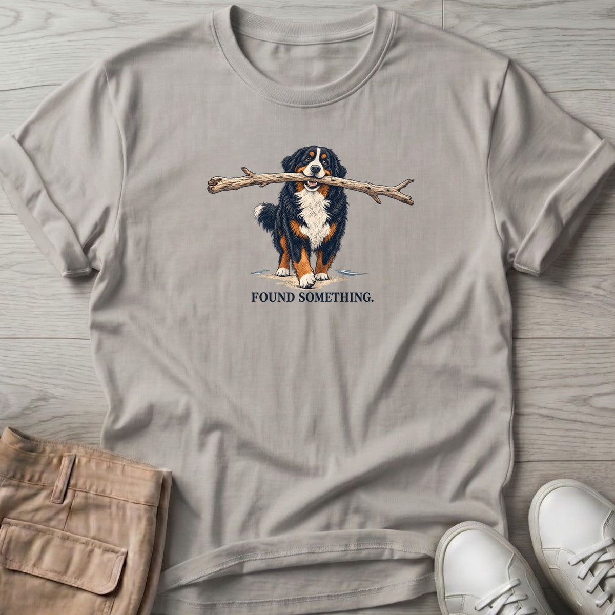 Found Something Bernese T-Shirt in Ice Grey, Salty Paws T-Shirt, front design flat lay