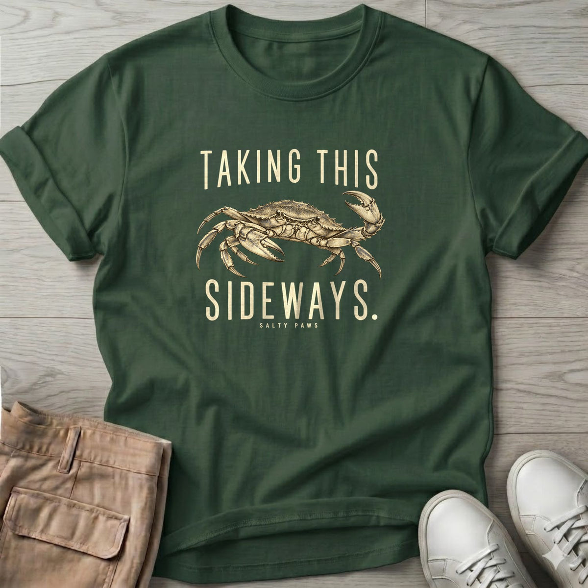 Taking This Sideways Crab T-Shirt in Forest Green, Salty Paws T-Shirt, front design flat lay