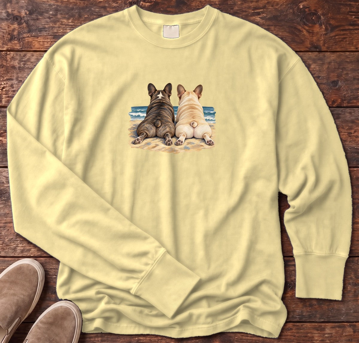 Two French Bulldogs at the Ocean Long Sleeve Tee in Butter, Salty Paws Comfort Colors Long Sleeve Tee, front design flat lay