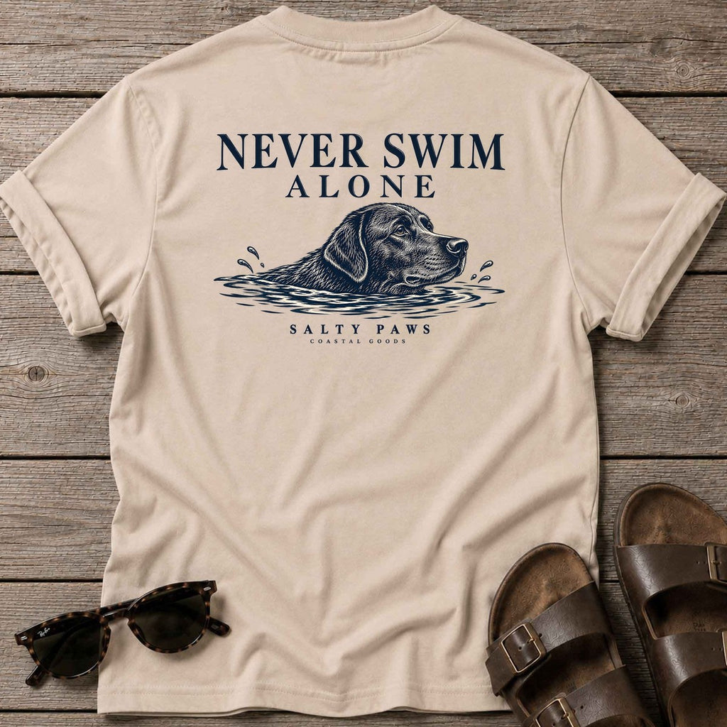 Never Swim Alone Black Lab Back Design T-Shirt in Sand, Salty Paws coastal t-shirt