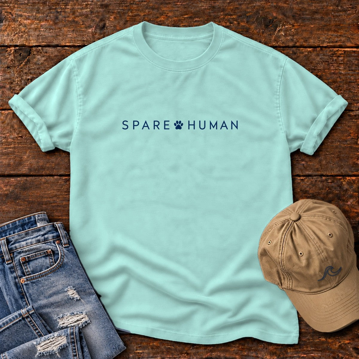 Spare Human T-Shirt in Chalky Mint, Salty Paws Comfort Colors T-Shirt, front design flat lay