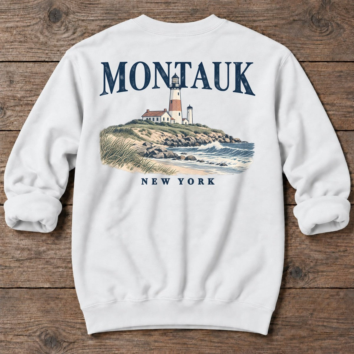 Montauk Lighthouse New York Back Design Midweight Sweatshirt in White, Salty Paws Midweight Sweatshirt, back design flat lay