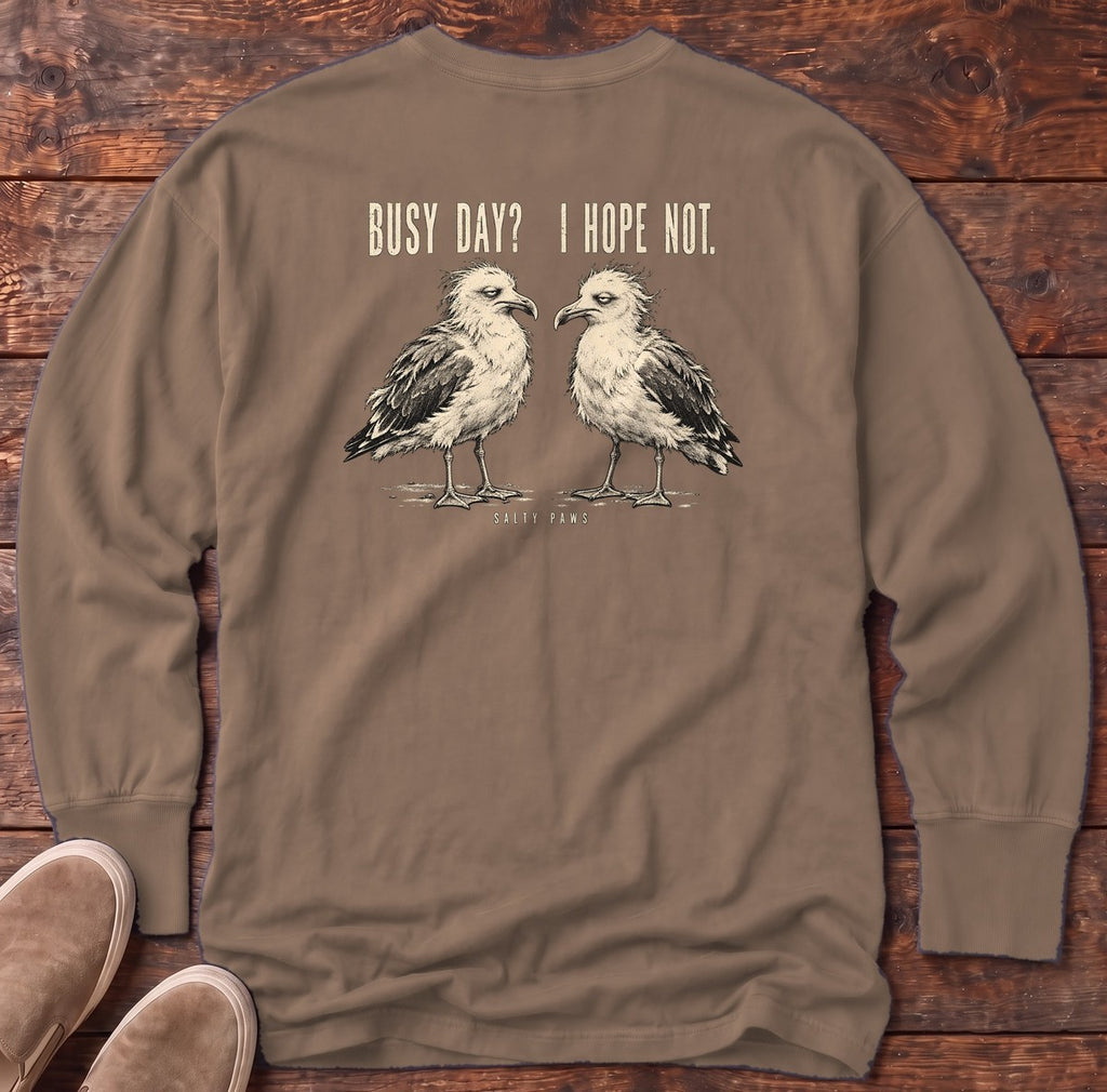 Busy Day Gulls Back Design Long Sleeve Tee in Espresso, Salty Paws Comfort Colors Long Sleeve Tee, back design flat lay