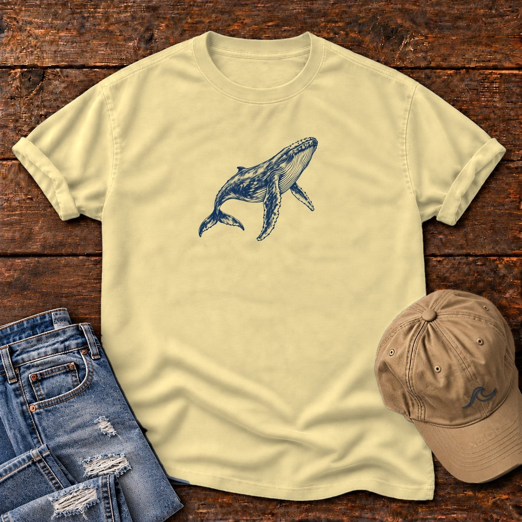 Humpback Whale T-Shirt in Butter, Salty Paws Comfort Colors T-Shirt, front design flat lay