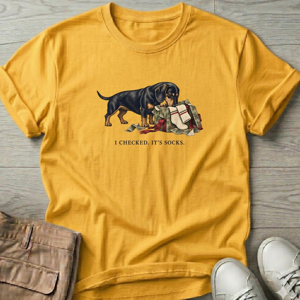 I Checked It's Socks Dachshund T-Shirt in Daisy, Salty Paws T-Shirt, front design flat lay
