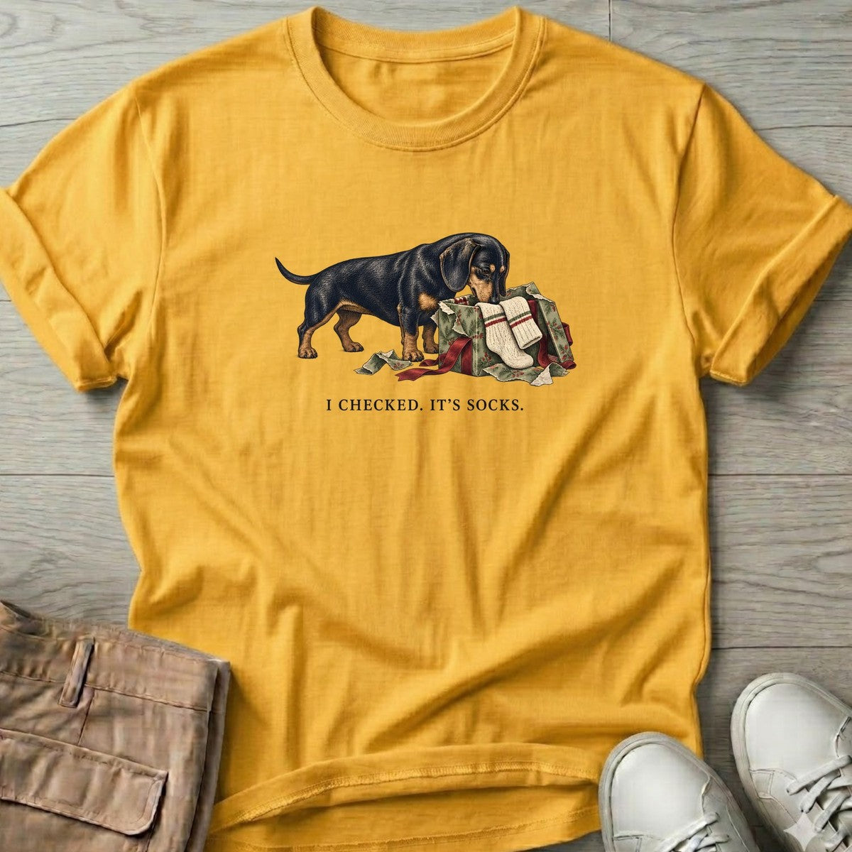 I Checked It's Socks Dachshund T-Shirt in Daisy, Salty Paws T-Shirt, front design flat lay