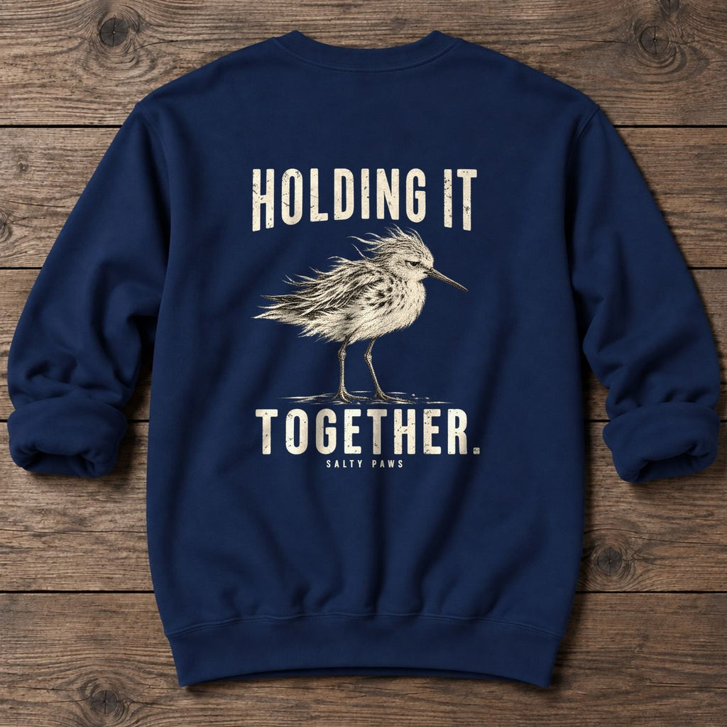 Holding It Together Sandpiper Back Design Midweight Sweatshirt in Navy, Salty Paws Midweight Sweatshirt, back design flat lay