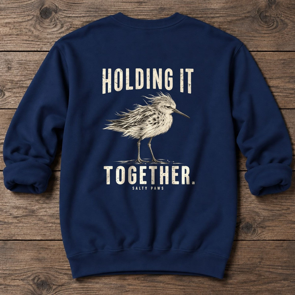 Holding It Together Sandpiper Back Design Midweight Sweatshirt in Navy, Salty Paws Midweight Sweatshirt, back design flat lay