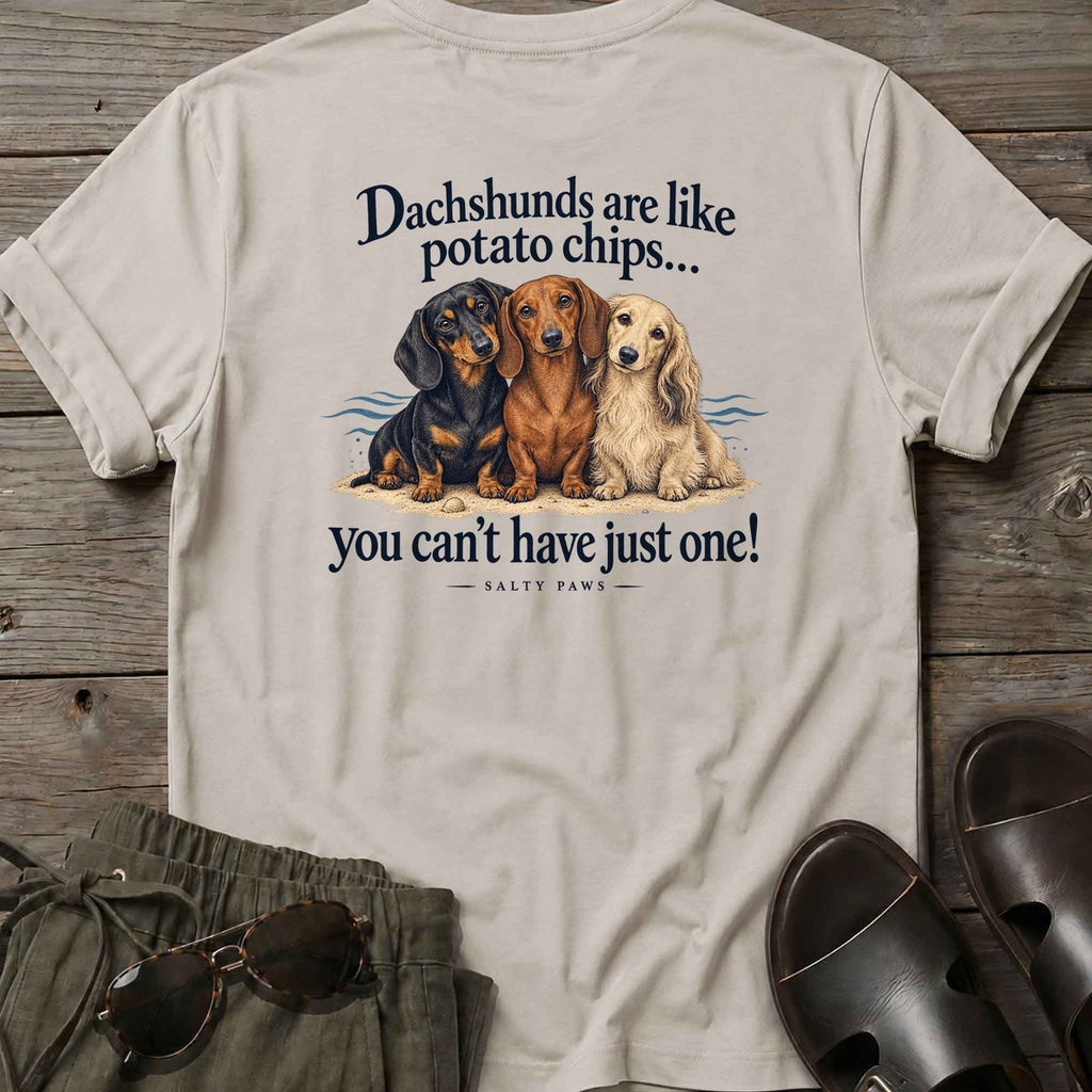 Dachshunds Are Like Potato Chips Back Design T-Shirt in Ice Grey, Salty Paws T-Shirt, back design flat lay