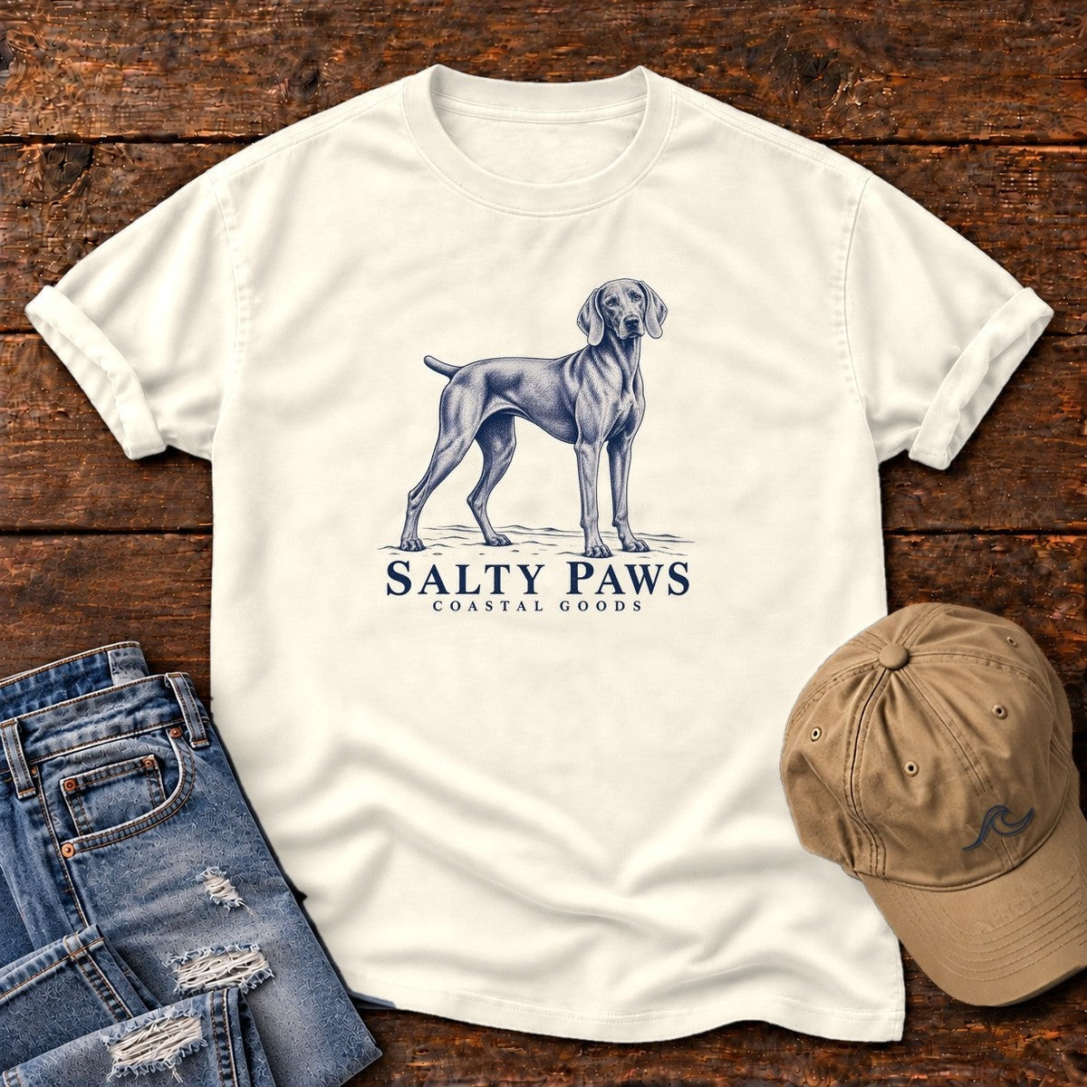 Weimaraner Coastal Goods T-Shirt in Ivory, Salty Paws Comfort Colors T-Shirt, front design flat lay