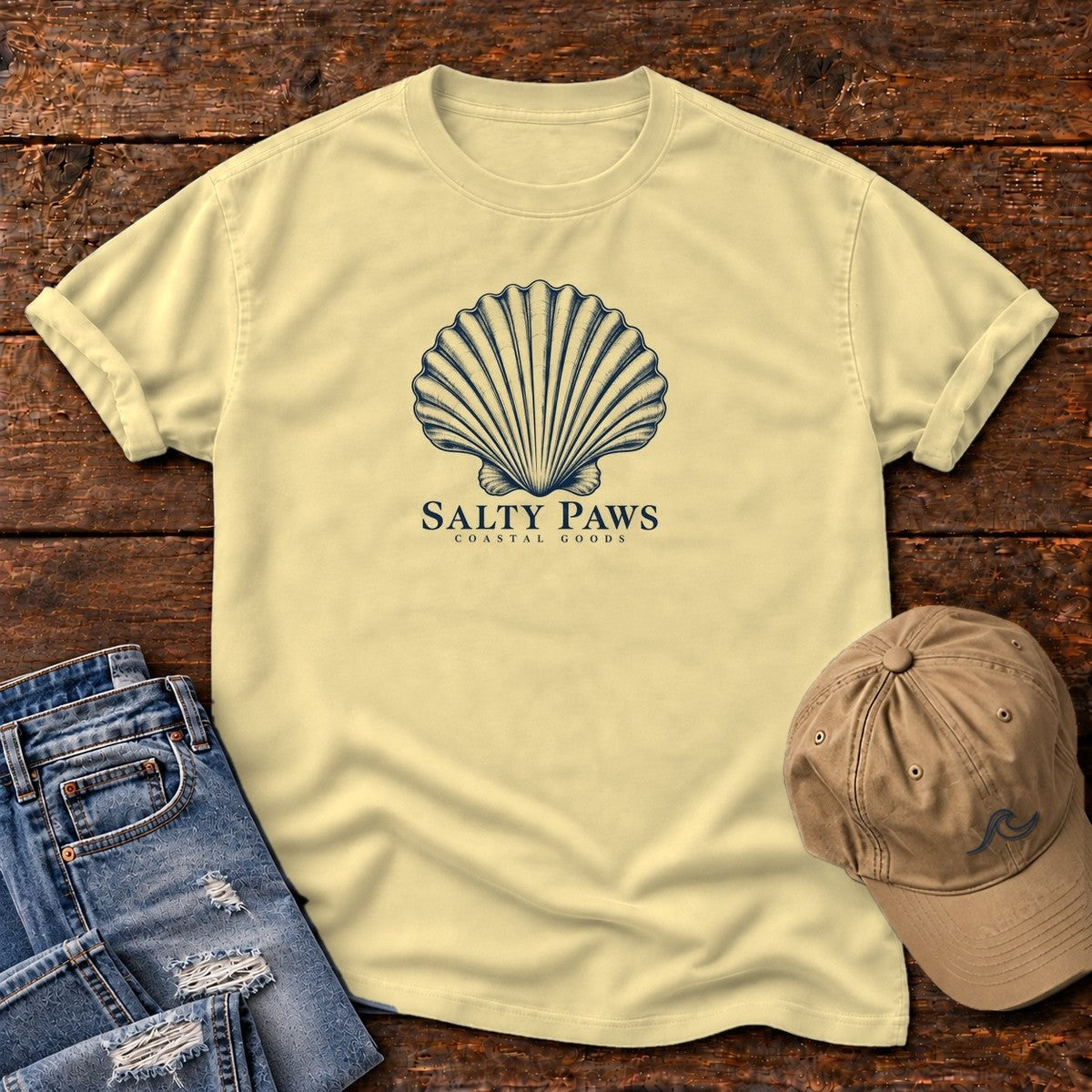 Scallop Shell Coastal Goods T-Shirt in Butter, Salty Paws Comfort Colors T-Shirt, front design flat lay