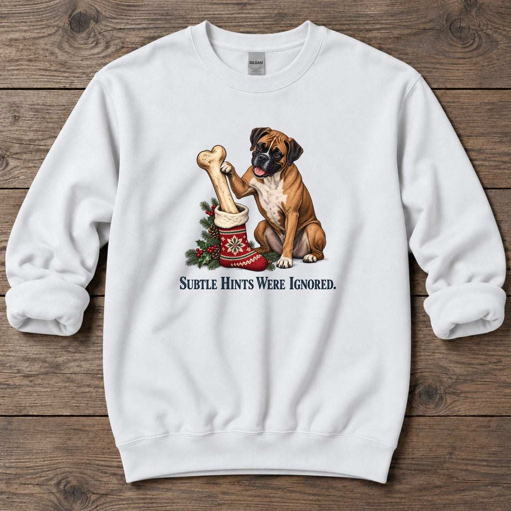 Subtle Hints Were Ignored Boxer Midweight Sweatshirt in White, Salty Paws Midweight Sweatshirt, front design flat lay