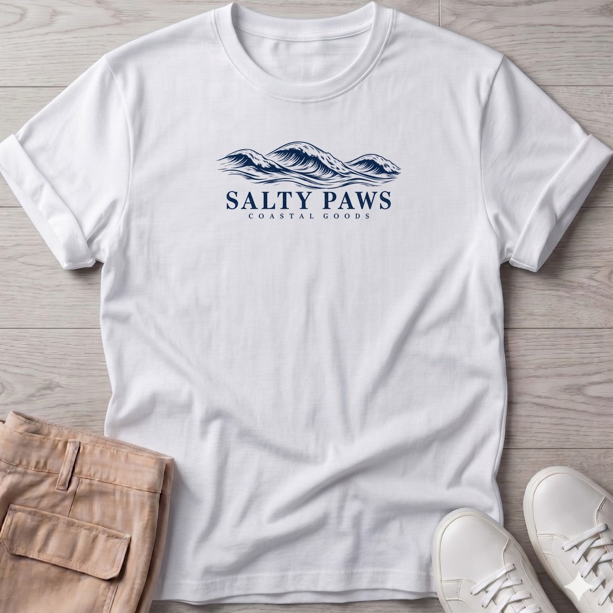 Salty Paws Coastal Swell T-Shirt in White, Salty Paws T-Shirt, front design flat lay