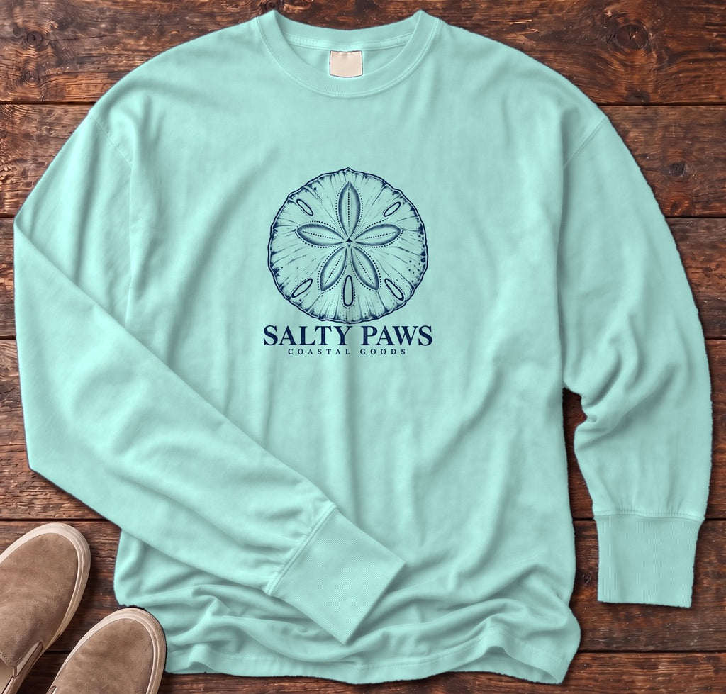 Sand Dollar Long Sleeve Tee in Chalky Mint, Salty Paws Comfort Colors Long Sleeve Tee, front design flat lay