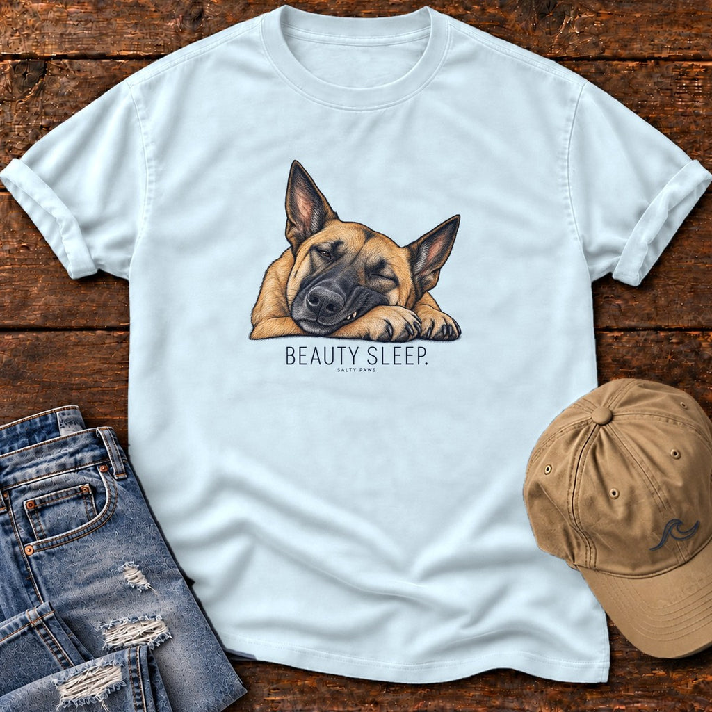 Beauty Sleep Belgian Malinois T-Shirt in Chambray, Salty Paws Comfort Colors T-Shirt, front design flat lay