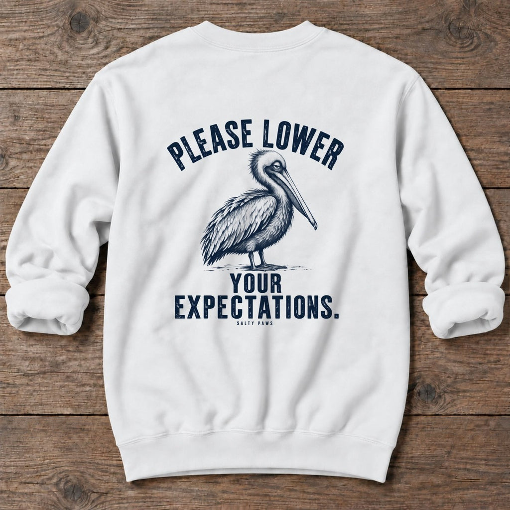 Please Lower Your Expectations Pelican Back Design Midweight Sweatshirt in White, Salty Paws Midweight Sweatshirt, back design flat lay