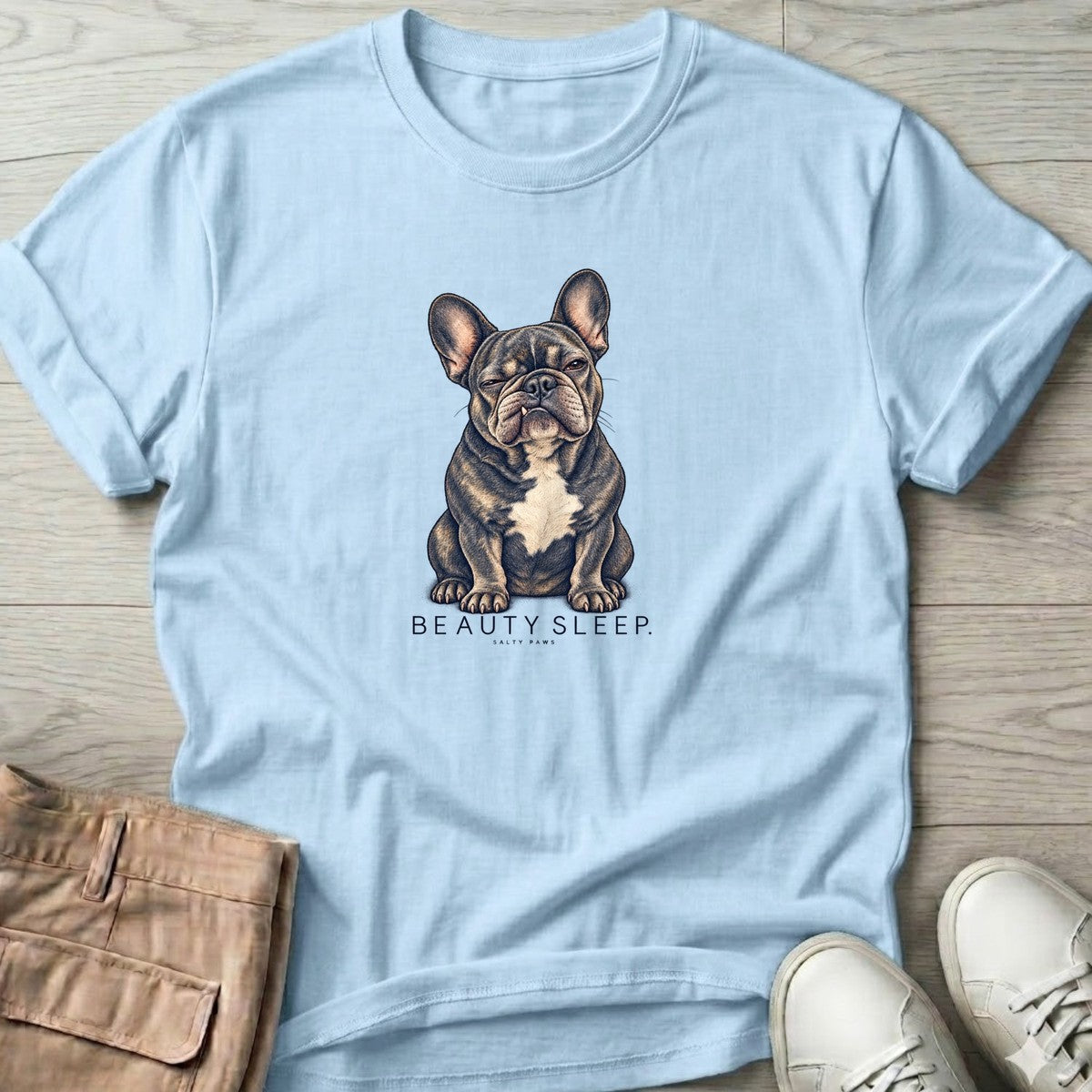 Beauty Sleep French Bulldog T-Shirt in Light Blue, Salty Paws T-Shirt, front design flat lay