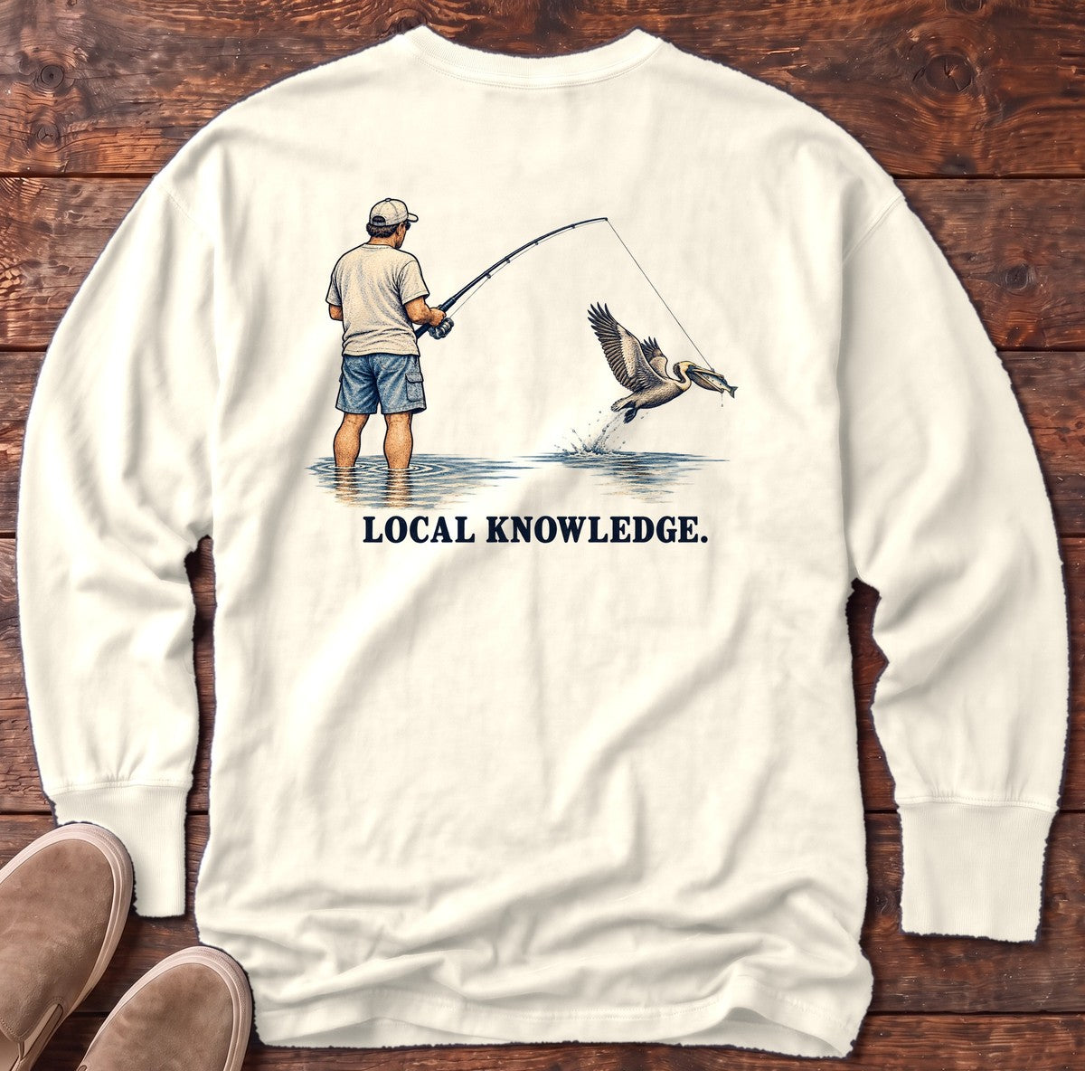 Local Knowledge Pelican Back Design Long Sleeve Tee in Ivory, Salty Paws Comfort Colors Long Sleeve Tee, back design flat lay
