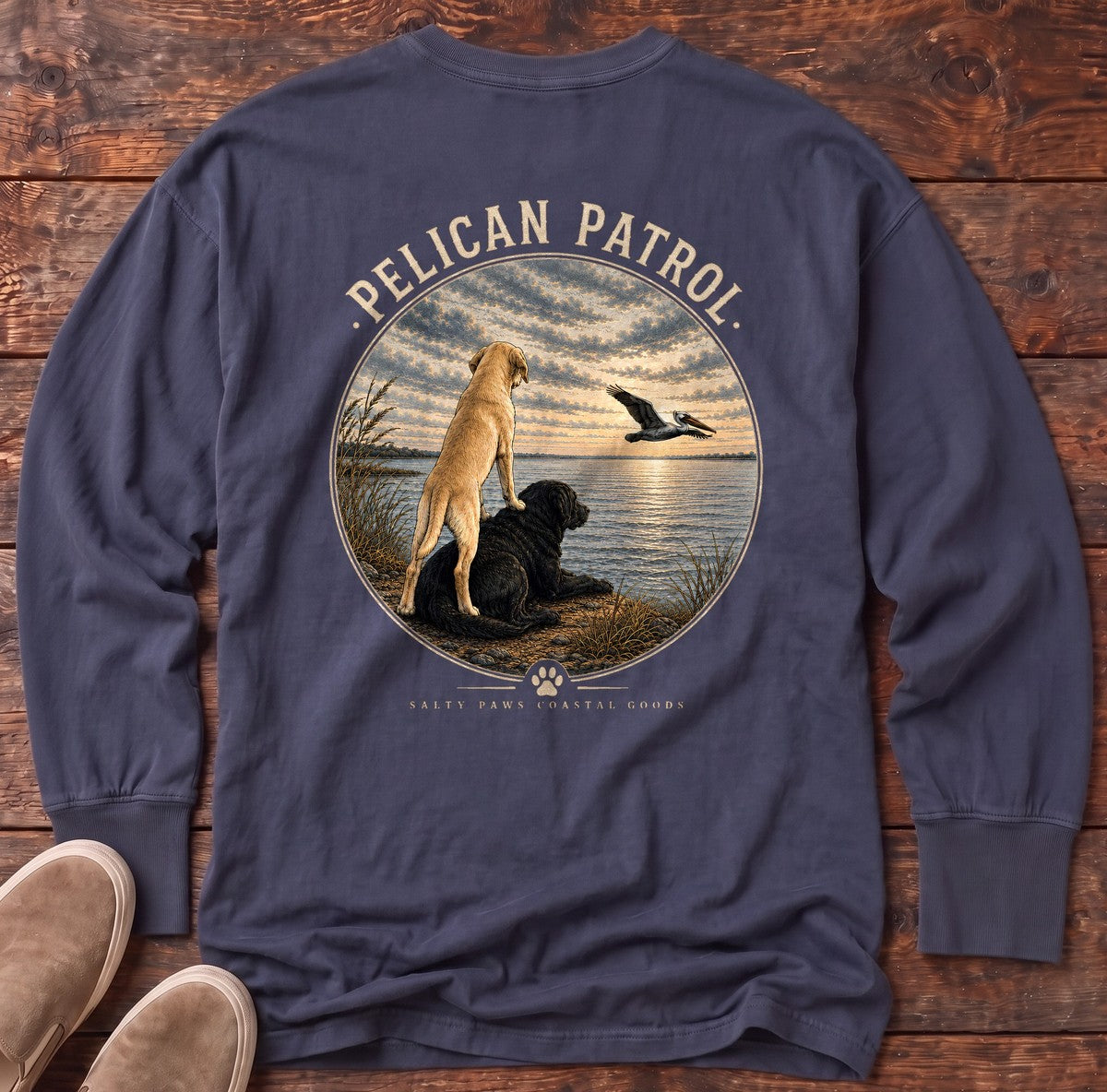 Pelican Labradors Back Design Long Sleeve Tee in True Navy, Salty Paws Comfort Colors long sleeve tee