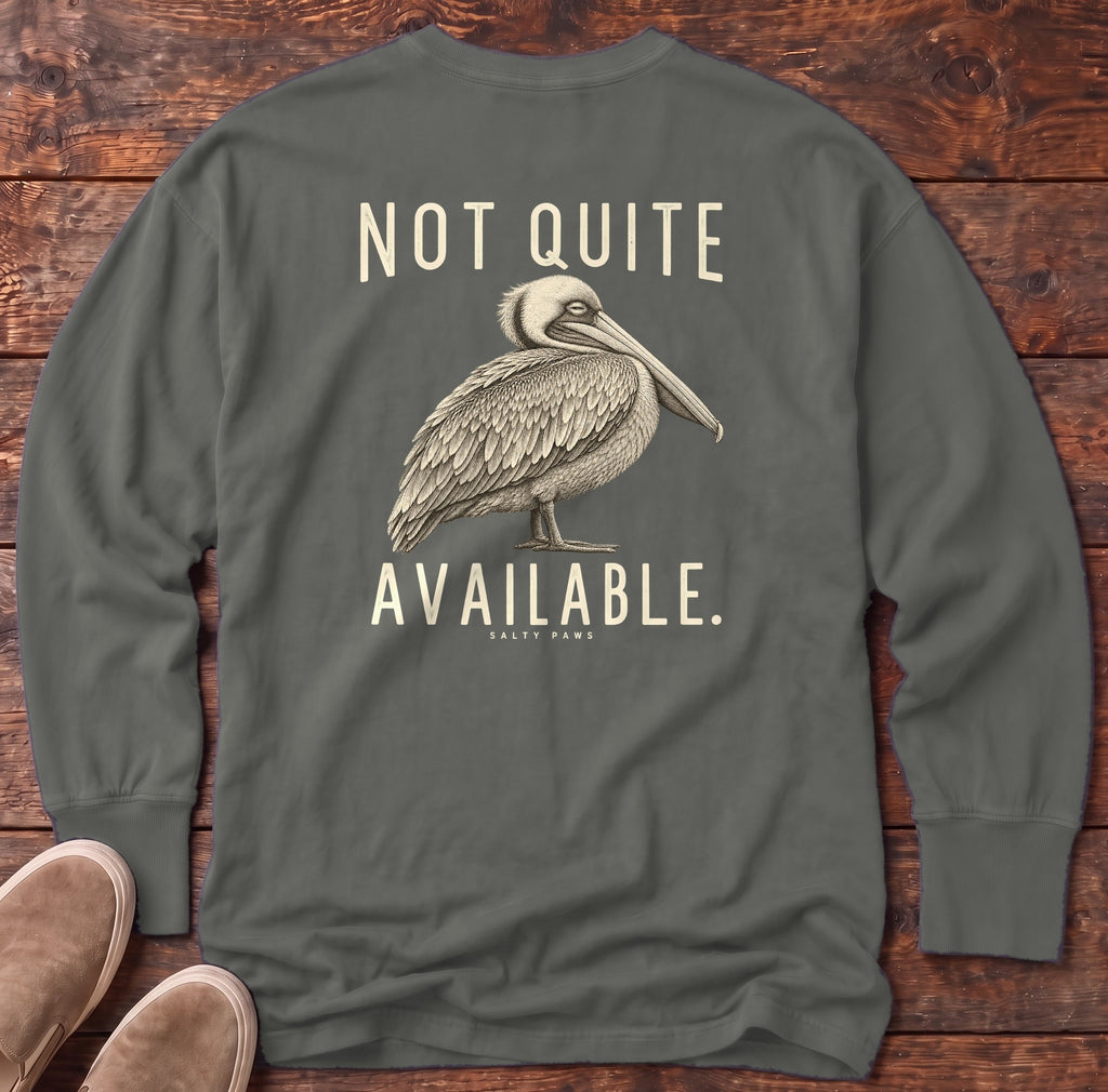 Not Quite Available Pelican Back Design Long Sleeve Tee in Pepper, Salty Paws Comfort Colors Long Sleeve Tee, back design flat lay