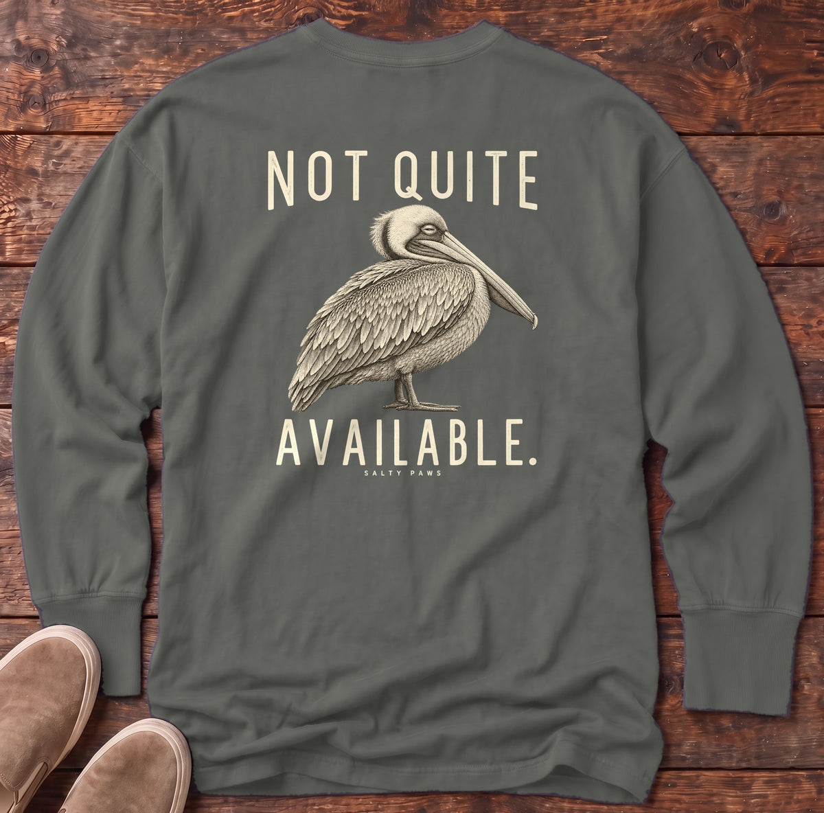 Not Quite Available Pelican Back Design Long Sleeve Tee in Pepper, Salty Paws Comfort Colors Long Sleeve Tee, back design flat lay