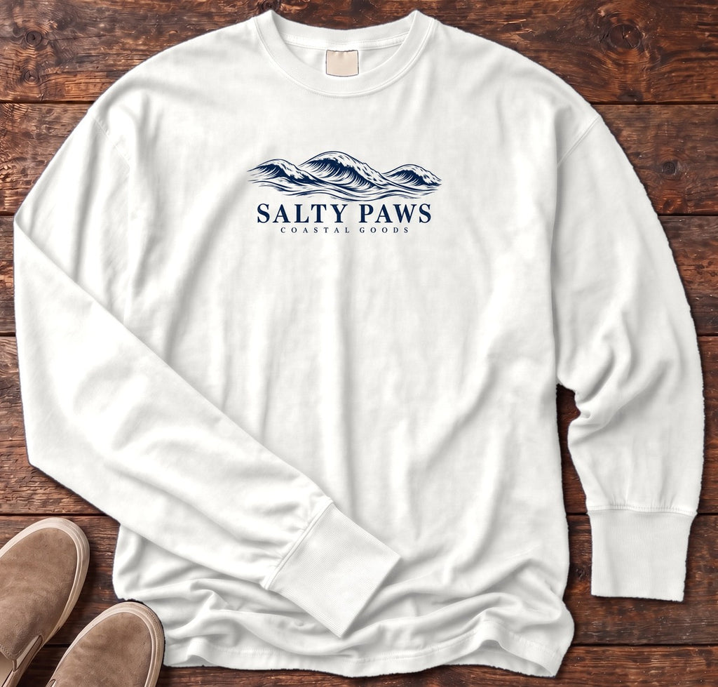 Salty Paws Coastal Swell Long Sleeve Tee in White, Salty Paws Comfort Colors Long Sleeve Tee, front design flat lay