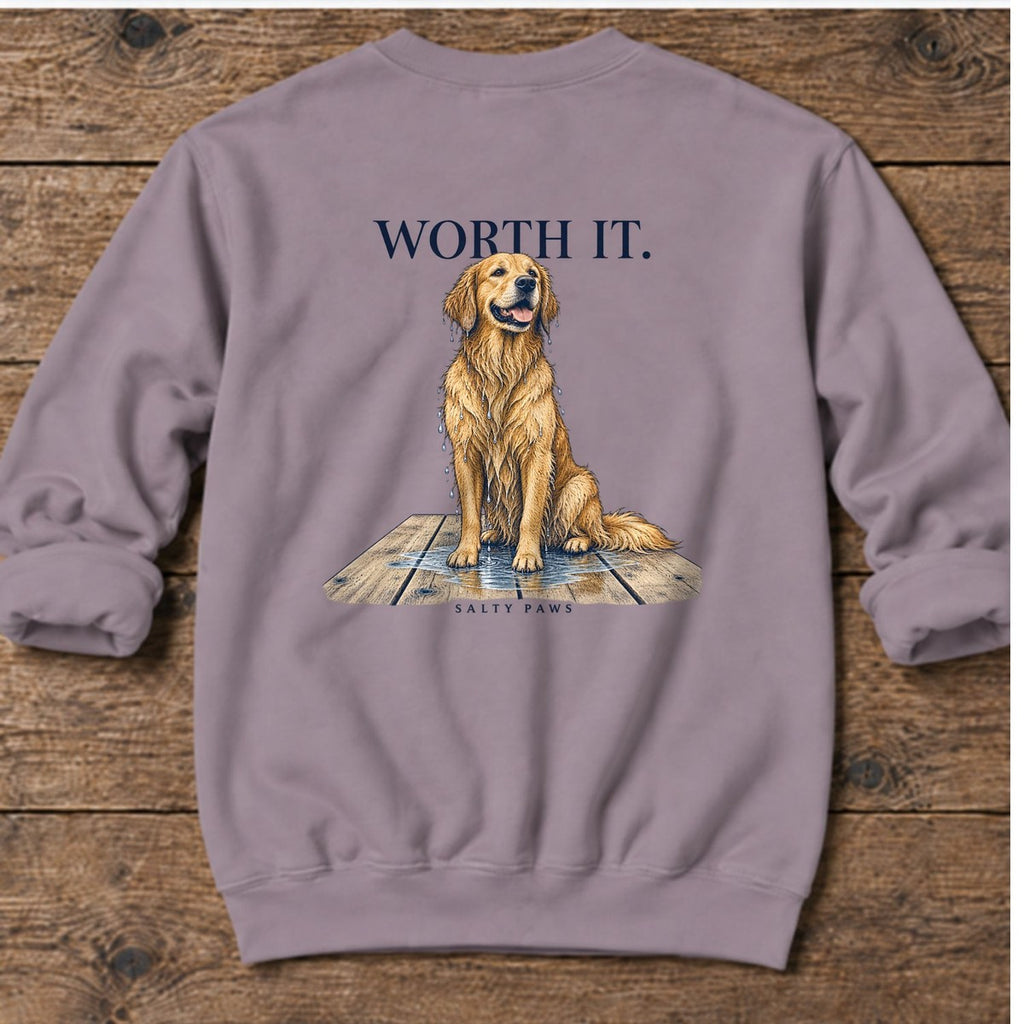 Worth It Wet Golden Retriever Back Design Midweight Sweatshirt in Paragon, Salty Paws Midweight Sweatshirt, back design flat lay