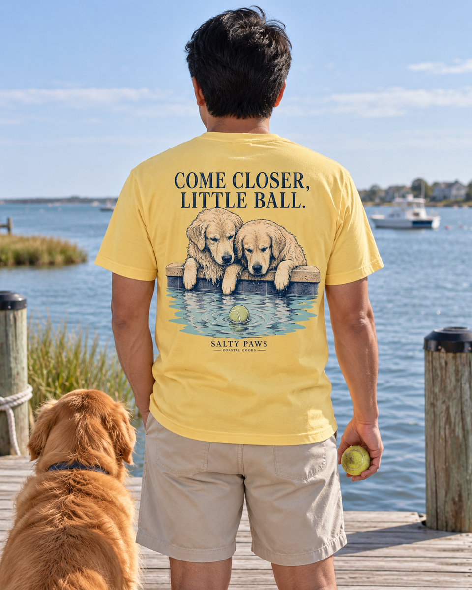 Come Closer Little Ball back design tee in Daisy, worn