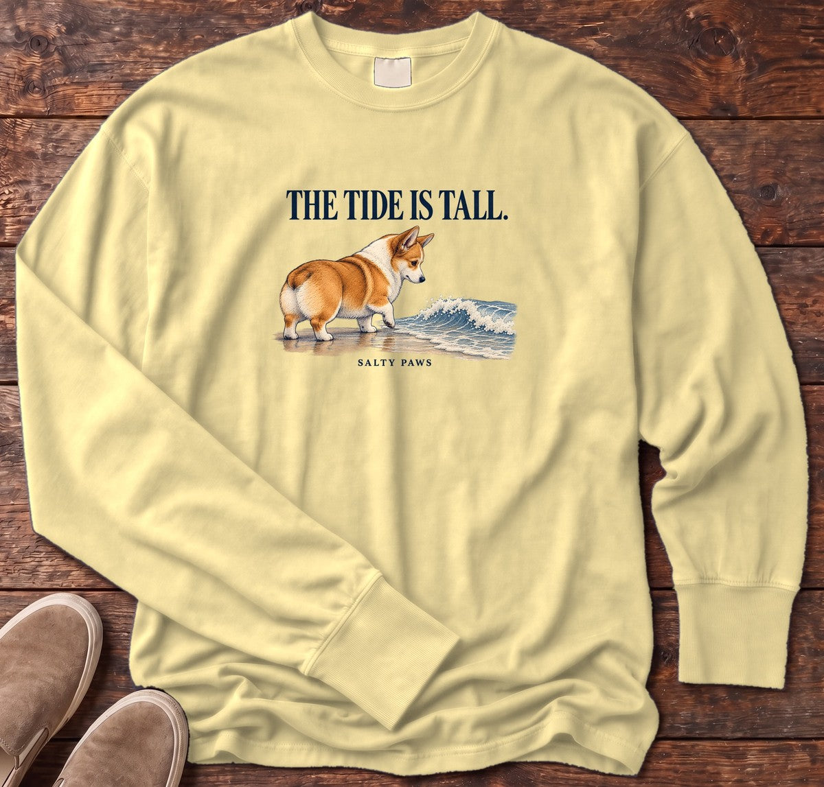 The Tide Is Tall Corgi Long Sleeve Tee in Butter, Salty Paws Comfort Colors Long Sleeve Tee, front design flat lay
