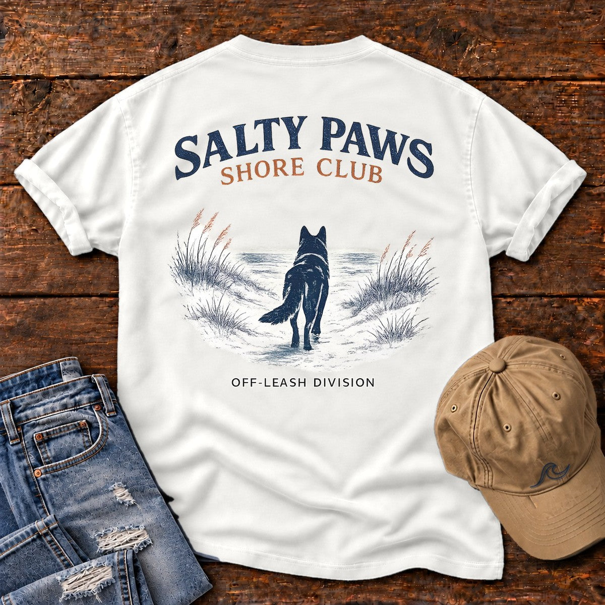 Salty Paws Shore Club Shepherd Back Design Comfort Colors T-Shirt in White, back design flat lay