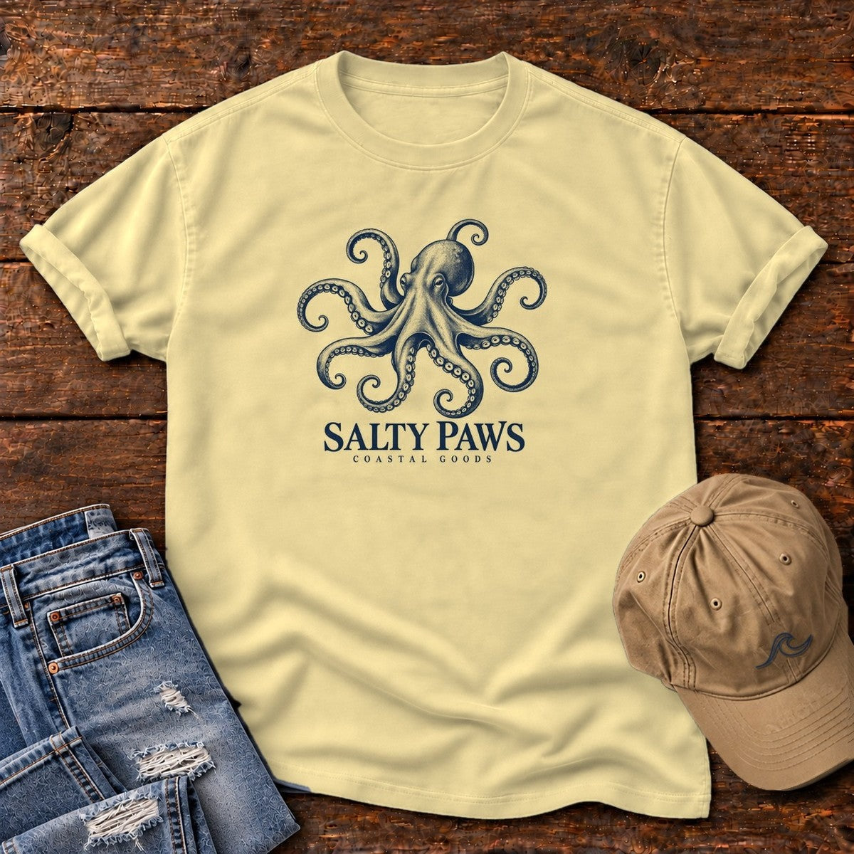 Octopus Coastal Goods T-Shirt in Butter, Salty Paws Comfort Colors T-Shirt, front design flat lay