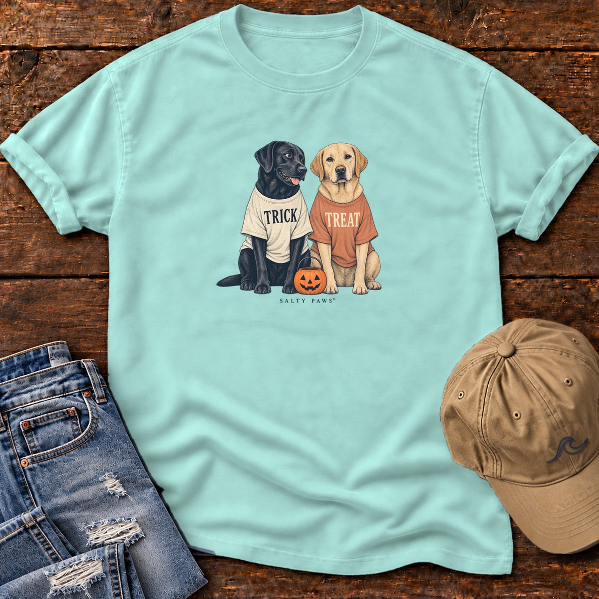 Trick or Treat Labs T-Shirt in Chalky Mint, Salty Paws Comfort Colors T-Shirt, front design flat lay