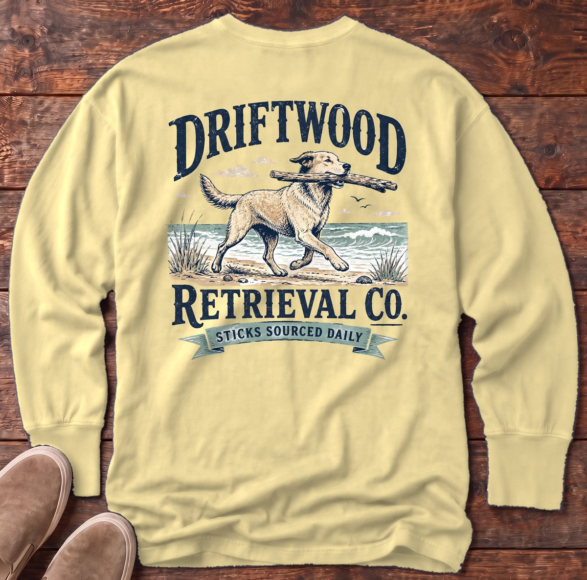 Driftwood Retriever Back Design Long Sleeve Tee in Butter, Salty Paws Comfort Colors long sleeve tee