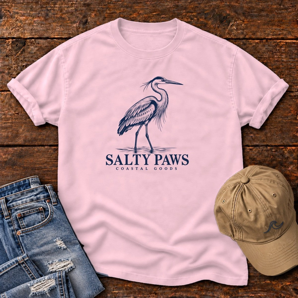 Great Blue Heron Coastal Goods T-Shirt in Blossom, Salty Paws Comfort Colors T-Shirt, front design flat lay
