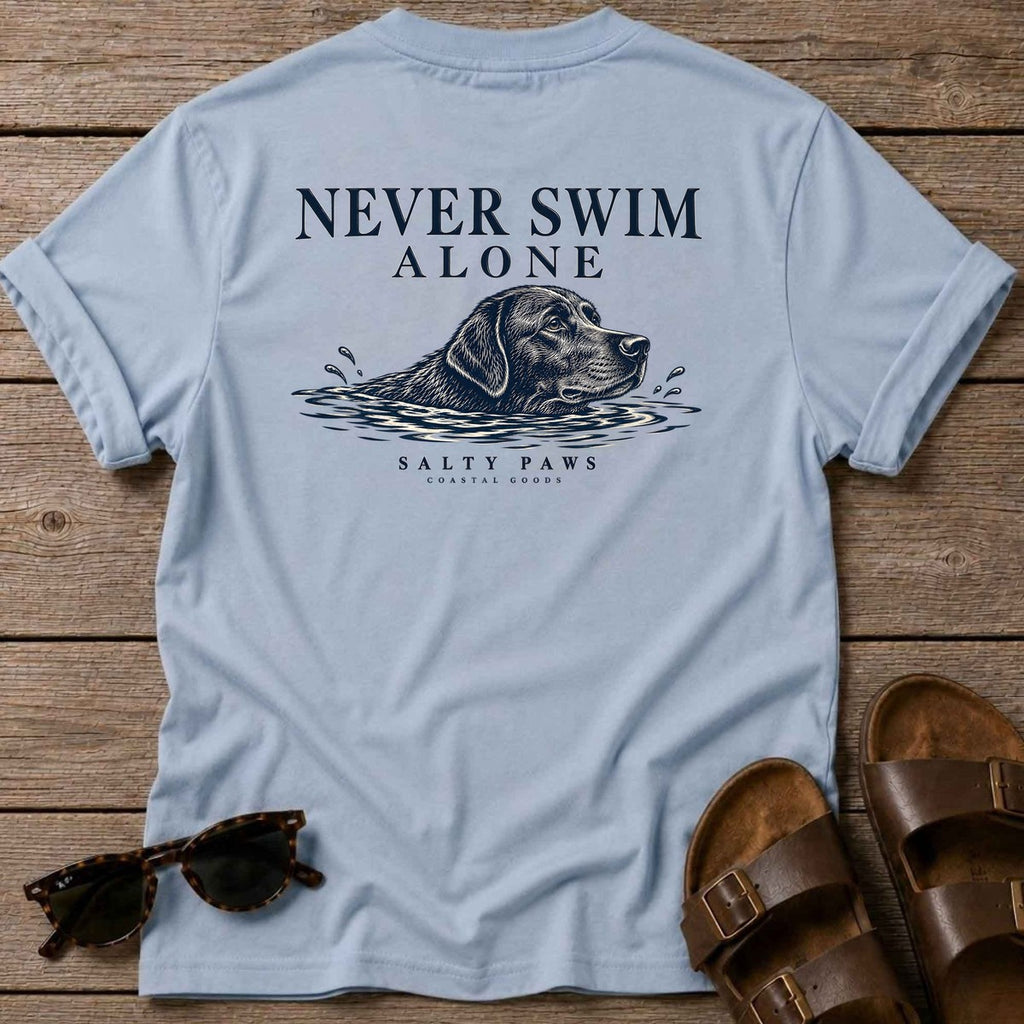Never Swim Alone Black Lab Back Design T-Shirt in Light Blue, Salty Paws coastal t-shirt
