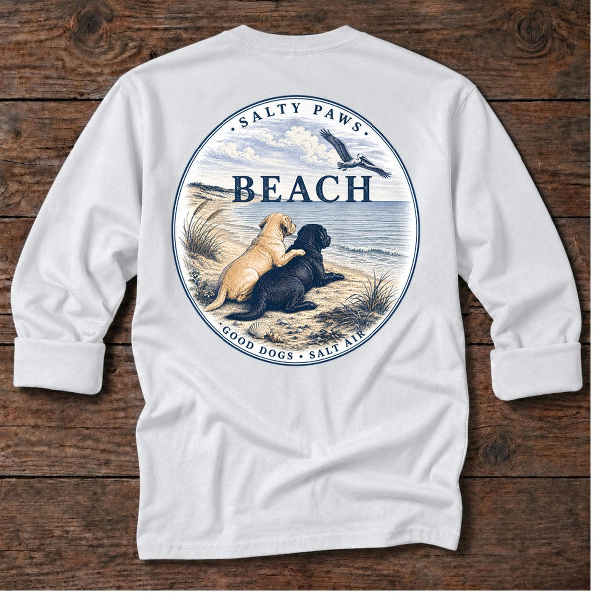 BEACH Pelican Labradors Back Design Long Sleeve Tee in White, Salty Paws coastal tee