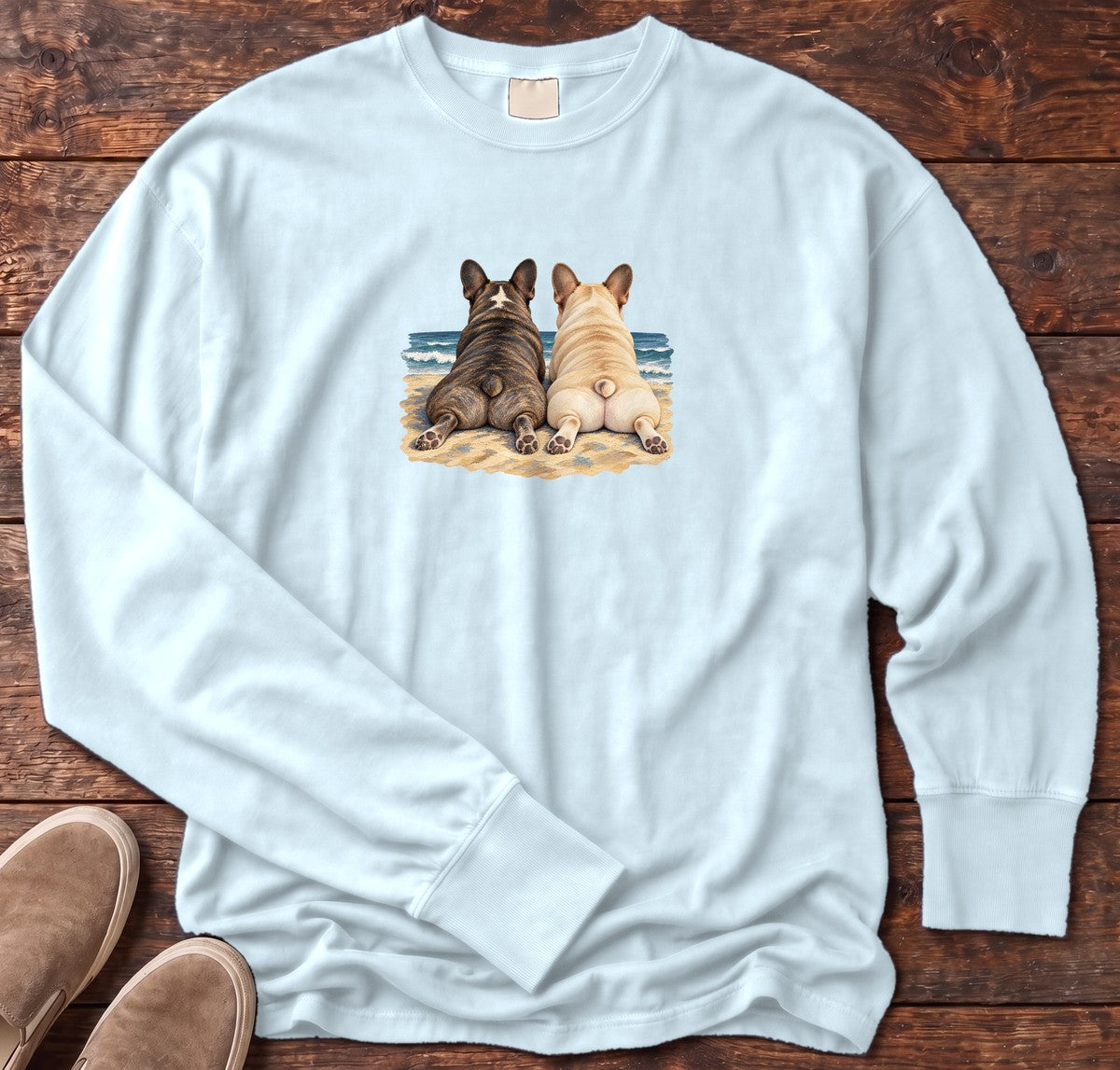 Two French Bulldogs at the Ocean Long Sleeve Tee in Chambray, Salty Paws Comfort Colors Long Sleeve Tee, front design flat lay