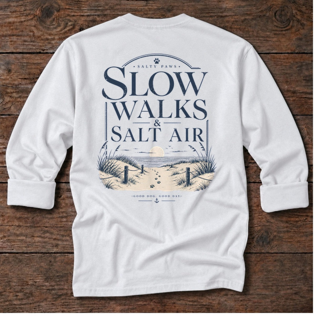 Slow Walks Back Design T-Shirt in White, Salty Paws coastal long sleeve tee